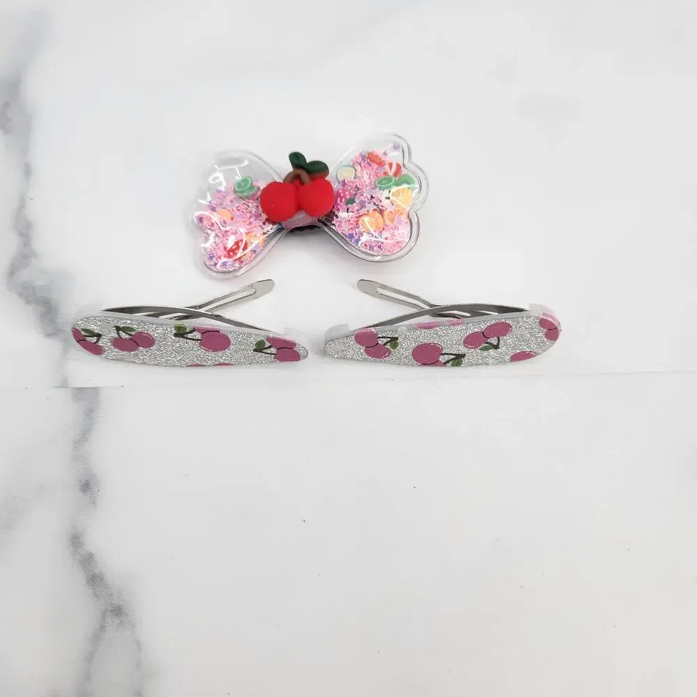 3 pc Cherry Theme Hair Accessories Glittery Bow with Cherry Charm & Snap Clips